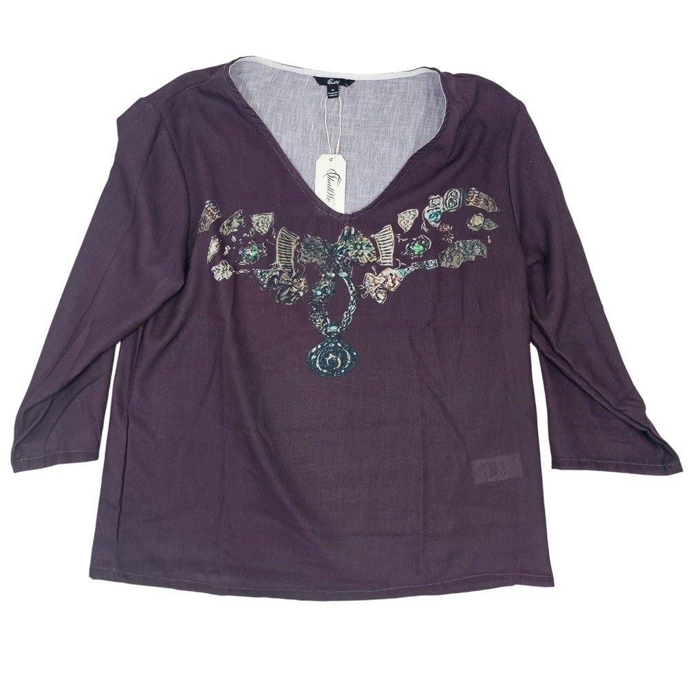 ShallWe Womens Purple Graphic V-Neck Top 3/4 Sleeve‎ Jewel Print Size M NWT